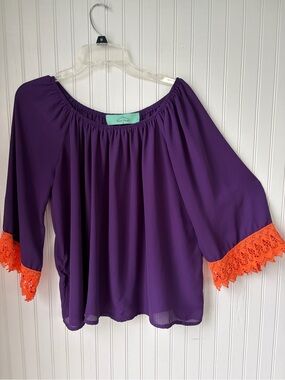 Haute Hanger (M) Purple Off-Shoulder Top with Orange Lace Trim